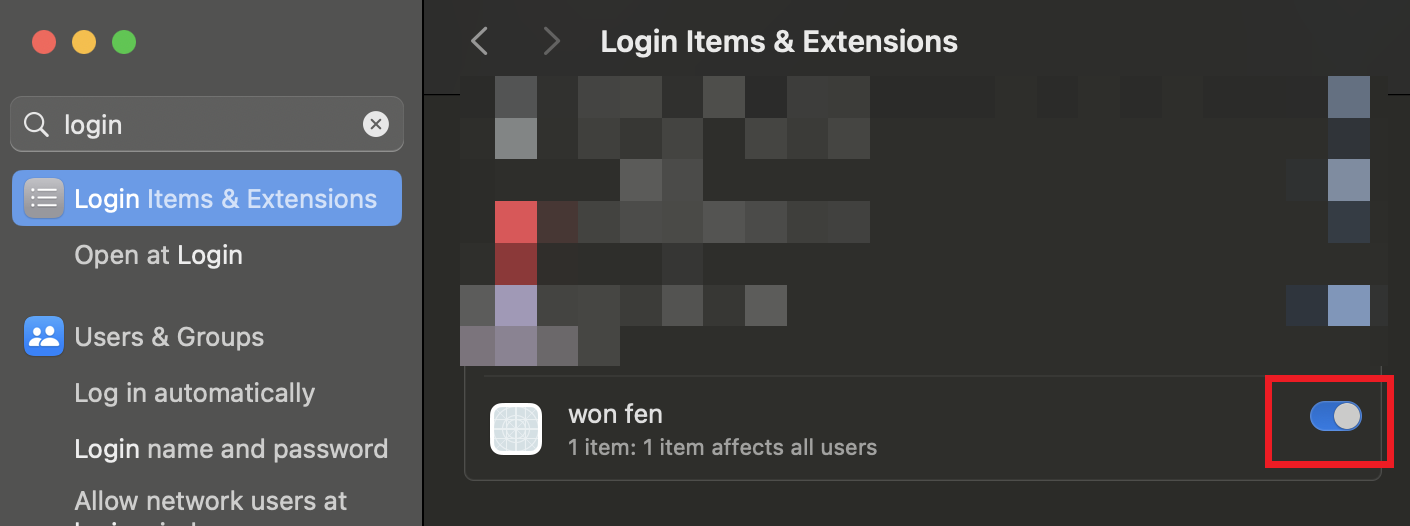 macOS 登录项中启用 won fen 后台服务